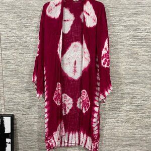 Tie-Dye Open Front Lightweight Kimono Cardigan In Burgundy & White 1XL NWOT
